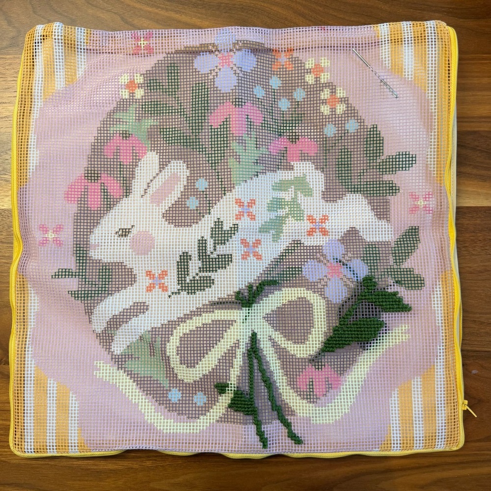 Craft Club Bunny Needlepoint Pillow Cushion Kit Bounding Bunny Pink Yellow 17x17